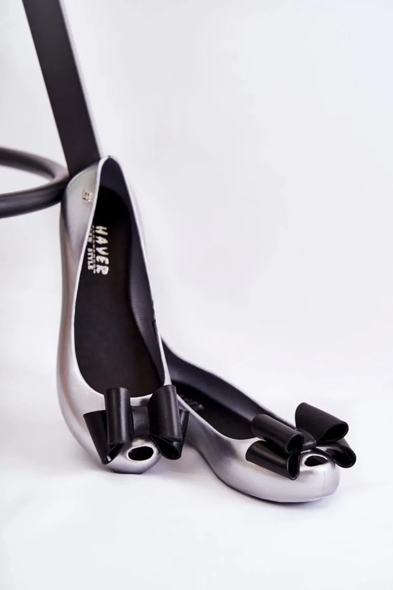 Damskie Gumowe Baleriny Z Kokardą Srebrne Florret