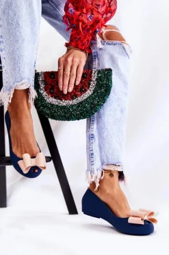 Damskie Gumowe Baleriny Z Kokardą Granatowe Florret