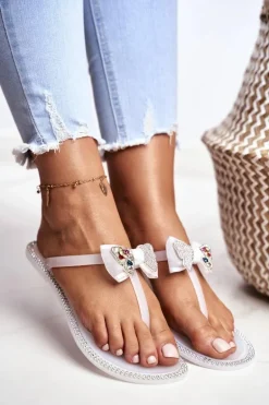 Damskie Gumowe Klapki Białe Japonki Cyrkonie Lissy