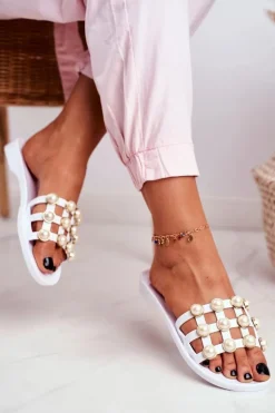 Damskie Gumowe Klapki Białe Perełki Estelle