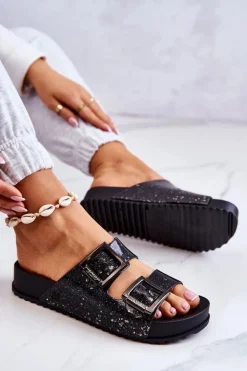 Damskie Gumowe Klapki Brokatowe ZAXY HH285158 Czarne