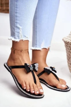 Damskie Gumowe Klapki Czarne Japonki Cyrkonie Lissy