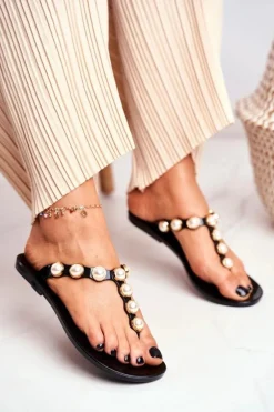 Damskie Gumowe Klapki Czarne Japonki Perełki Edith