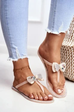 Damskie Gumowe Klapki Różowe Nude Japonki Cyrkonie Lissy