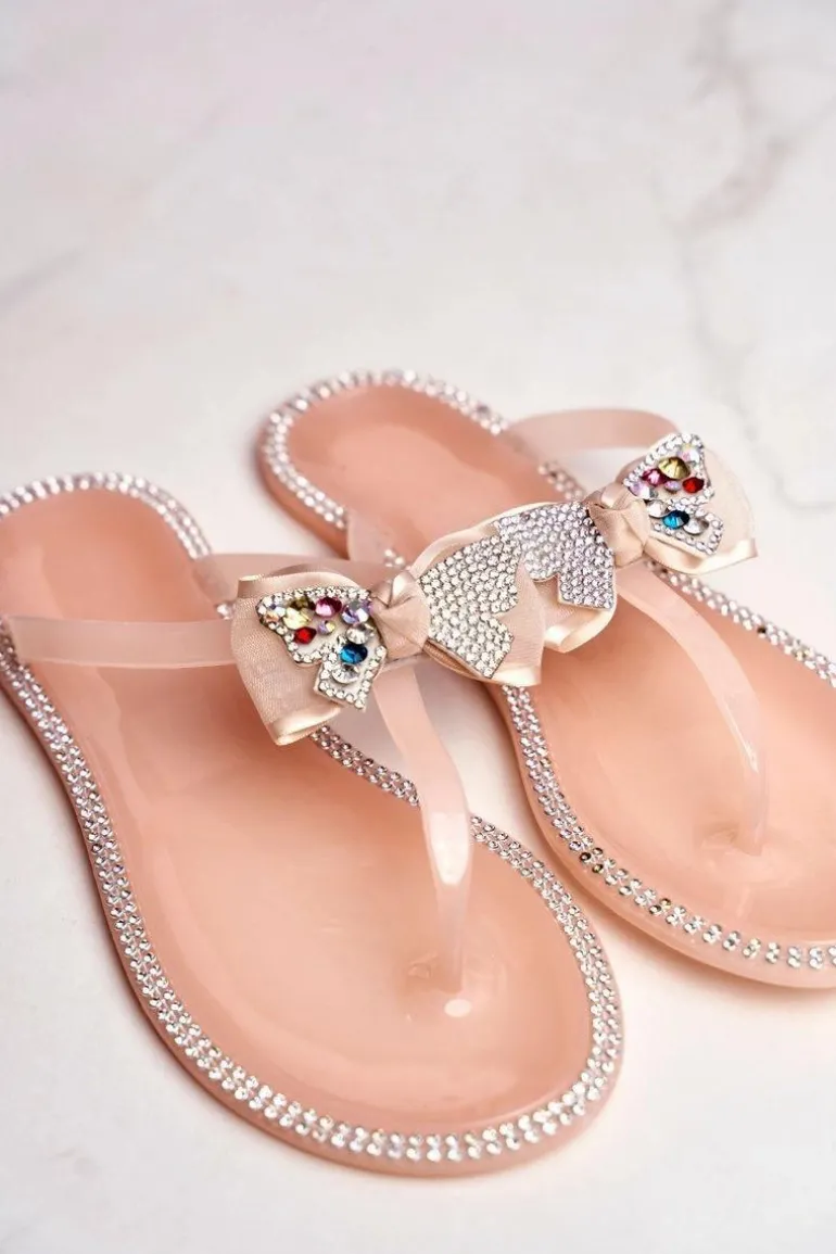 Damskie Gumowe Klapki Różowe Nude Japonki Cyrkonie Lissy