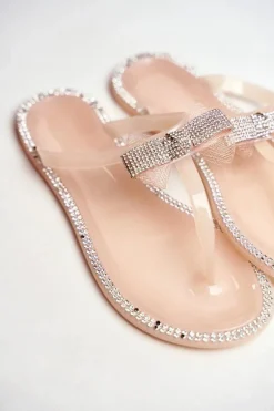 Damskie Gumowe Klapki Różowe Nude Japonki Cyrkonie Lou