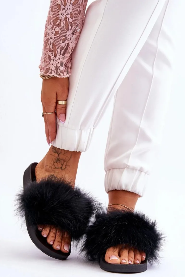 Damskie Gumowe Klapki Z Futerkiem Czarne Lucrece