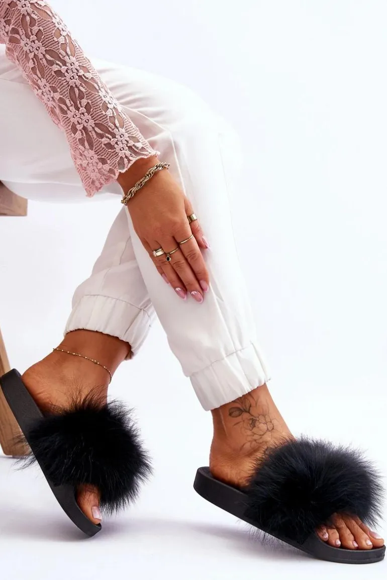 Damskie Gumowe Klapki Z Futerkiem Czarne Lucrece