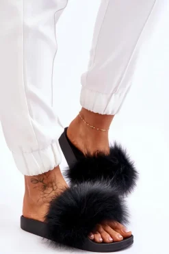 Damskie Gumowe Klapki Z Futerkiem Czarne Lucrece