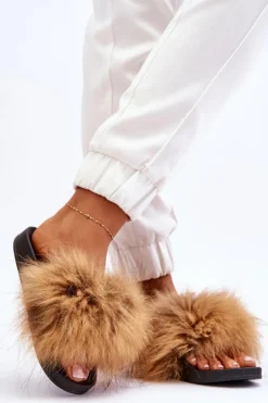 Damskie Gumowe Klapki Z Futerkiem Brązowe Lucrece