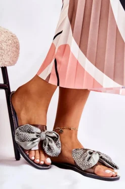 Damskie Gumowe Klapki Z Kokardą Czarno-Szare Meriden