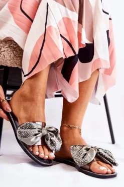 Damskie Gumowe Klapki Z Kokardą Czarno-Szare Meriden