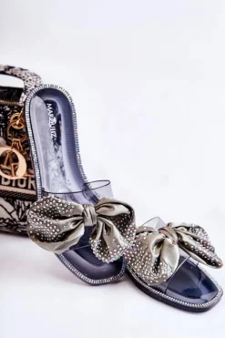 Damskie Gumowe Klapki Z Kokardą Czarno-Szare Meriden