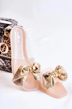 Damskie Gumowe Klapki Z Kokardą Różowo-Złote Meriden