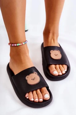 Damskie Gumowe Klapki Z Misiem Czarne Cardiff