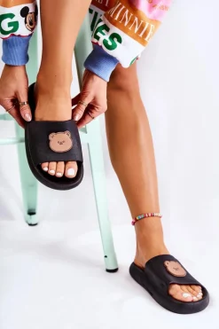 Damskie Gumowe Klapki Z Misiem Czarne Cardiff