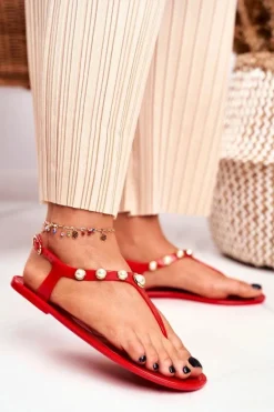 Damskie Gumowe Sandałki Czerwone Japonki Perełki Denise