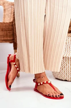 Damskie Gumowe Sandałki Czerwone Japonki Perełki Denise