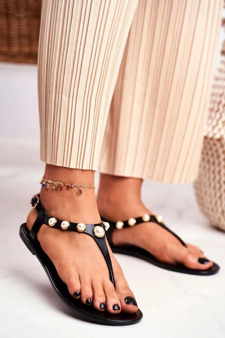 Damskie Gumowe Sandałki Czarne Japonki Perełki Denise