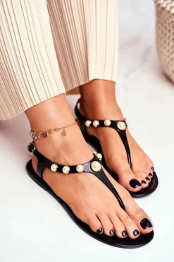 Damskie Gumowe Sandałki Czarne Japonki Perełki Denise