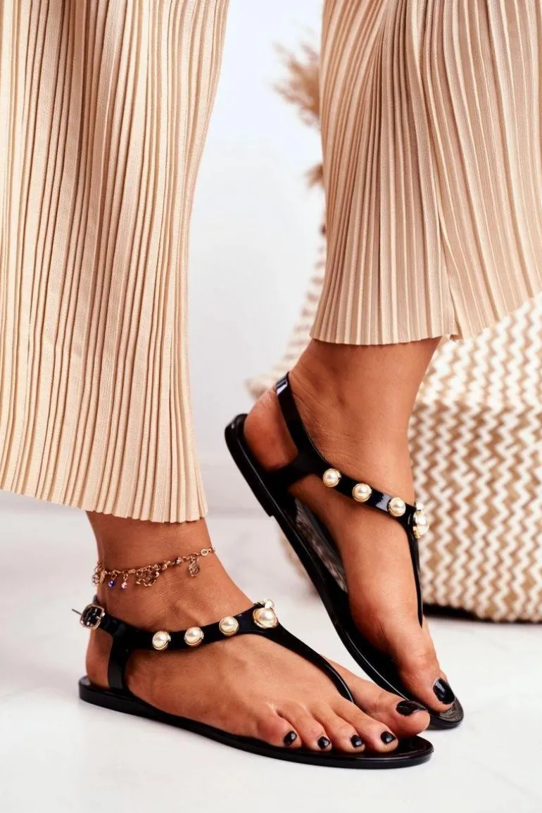 Damskie Gumowe Sandałki Czarne Japonki Perełki Denise