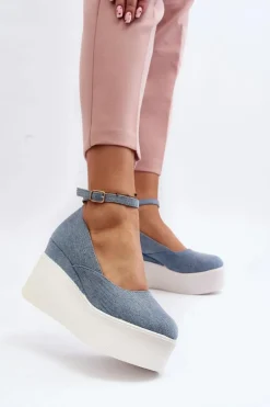 Damskie Jeansowe Espadryle Na Koturnie Niebieskie Malla