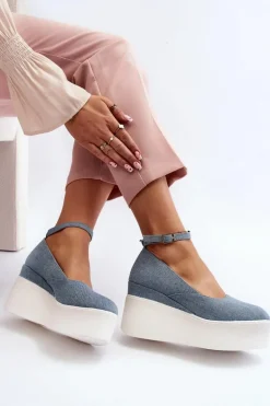 Damskie Jeansowe Espadryle Na Koturnie Niebieskie Malla