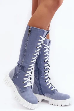 Damskie Jeansowe Ocieplane Kozaki Ze Sznurowaniem Niebieskie Cresanta