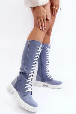 Damskie Jeansowe Ocieplane Kozaki Ze Sznurowaniem Niebieskie Cresanta