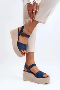 Damskie Jeansowe Sandały Na Koturnie Niebieskie Geferia