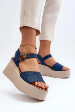 Damskie Jeansowe Sandały Na Koturnie Niebieskie Geferia