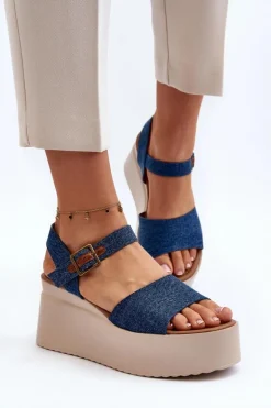 Damskie Jeansowe Sandały Na Koturnie Niebieskie Geferia