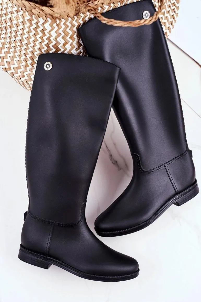 Damskie Kalosze Pod Kolano Czarne Oficerki Gumowe Drizzle