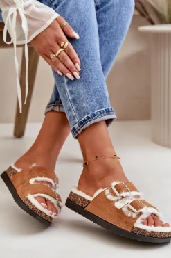 Damskie Kapcie Klapki Z Klamrami I Futerkiem Camel Ezilena