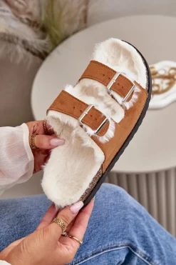 Damskie Kapcie Klapki Z Klamrami I Futerkiem Camel Ezilena