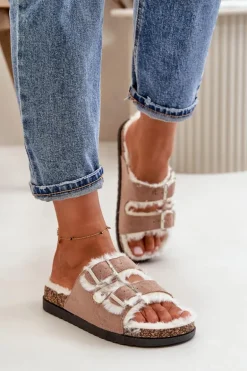 Damskie Kapcie Klapki Z Klamrami I Futerkiem Beżowe Ezilena