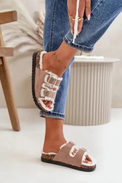 Damskie Kapcie Klapki Z Klamrami I Futerkiem Beżowe Ezilena