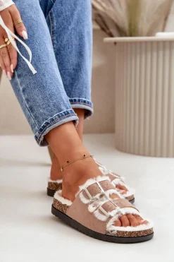 Damskie Kapcie Klapki Z Klamrami I Futerkiem Beżowe Ezilena