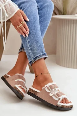 Damskie Kapcie Klapki Z Klamrami I Futerkiem Beżowe Ezilena