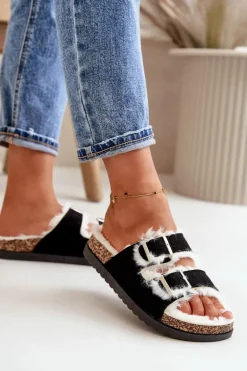 Damskie Kapcie Klapki Z Klamrami I Futerkiem Czarne Ezilena