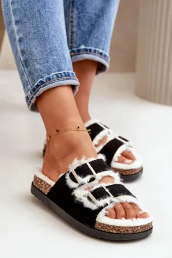 Damskie Kapcie Klapki Z Klamrami I Futerkiem Czarne Ezilena