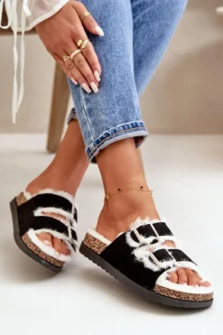 Damskie Kapcie Klapki Z Klamrami I Futerkiem Czarne Ezilena