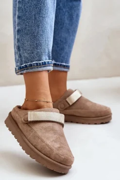 Damskie Kapcie Ocieplane Futerkiem Na Platformie Brązowe Azida