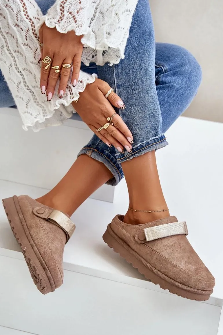 Damskie Kapcie Ocieplane Futerkiem Na Platformie Brązowe Azida