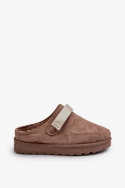 Damskie Kapcie Ocieplane Futerkiem Na Platformie Brązowe Azida