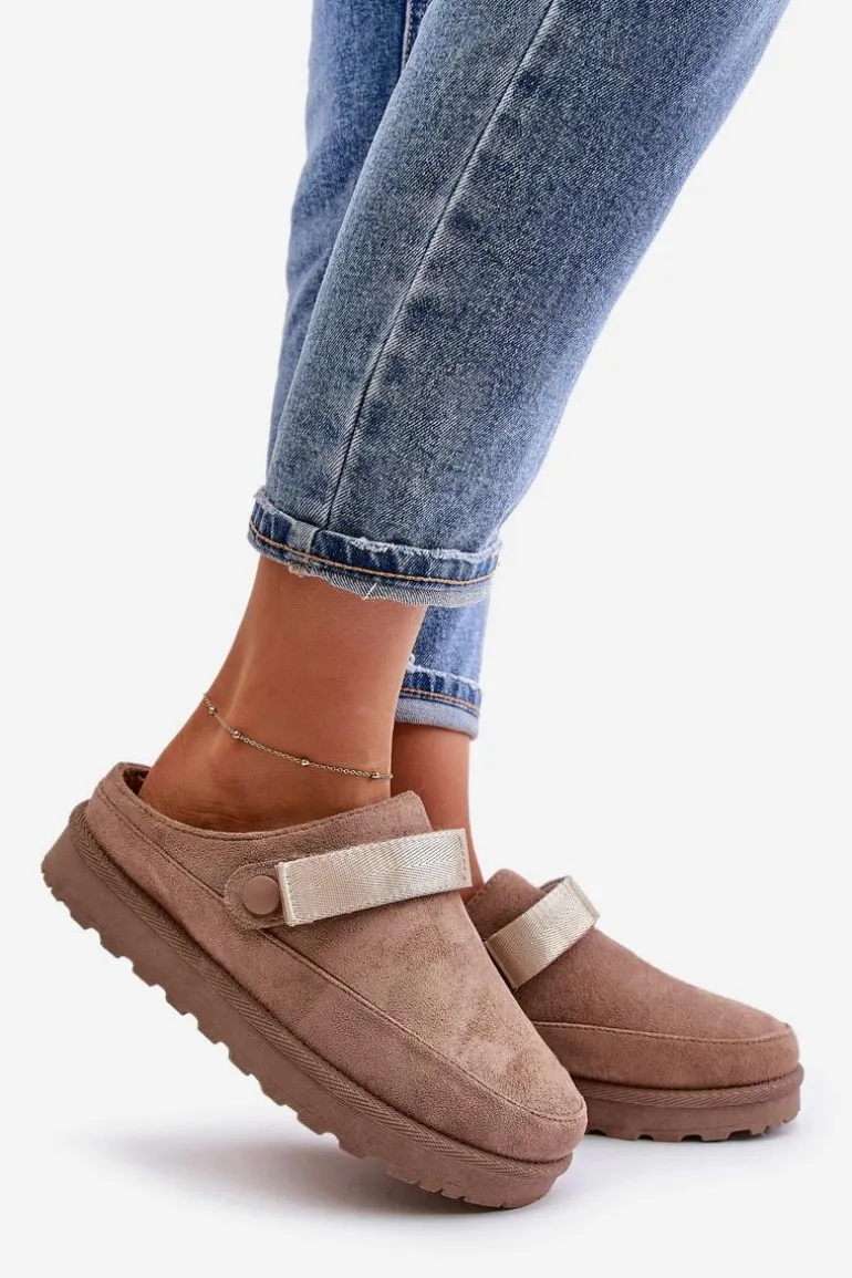 Damskie Kapcie Ocieplane Futerkiem Na Platformie Brązowe Azida