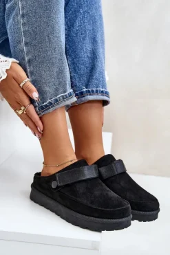 Damskie Kapcie Ocieplane Futerkiem Na Platformie Czarne Azida