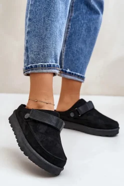 Damskie Kapcie Ocieplane Futerkiem Na Platformie Czarne Azida