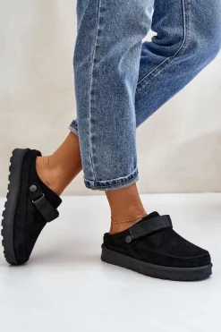 Damskie Kapcie Ocieplane Futerkiem Na Platformie Czarne Azida