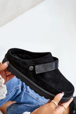 Damskie Kapcie Ocieplane Futerkiem Na Platformie Czarne Azida